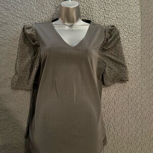 Adrianna Papell Black V-Neck Blouse with Sheer Puff Sleeves. New w/o tags.